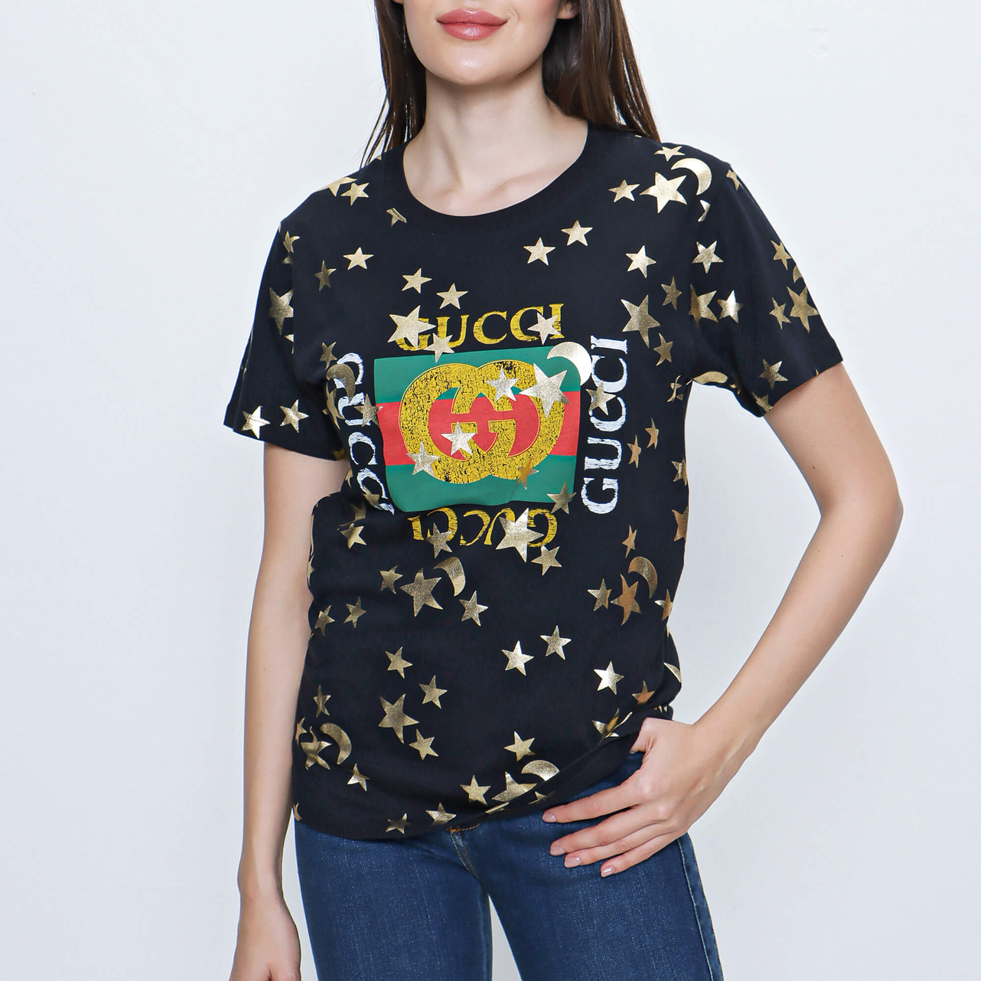 Gucci - Black Cotton Vintage Logo and Star Print T shirt 